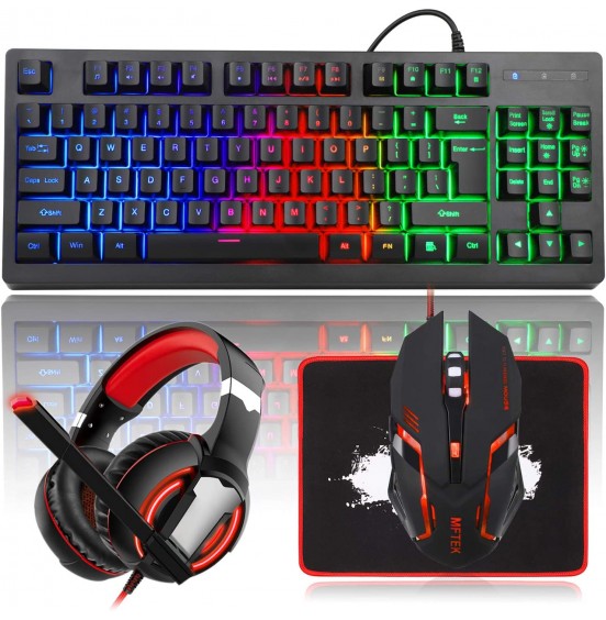 MFTEK RGB Rainbow Backlit Gaming Keyboard and Mouse Combo, LED PC Gaming Headset with Microphone, Large Mouse Pad, Small Compact 87 Keys USB Wired Mechanical Feeling Keyboard for Computer Gamer Office MFTEK RGB Rainbow Backlit Gaming Keyboard and Mouse Combo, LED PC Gaming Headset with Microphone, Large Mouse Pad, Small Compact 87 Keys USB Wired Mechanical Feeling Keyboard for Computer Gamer Office