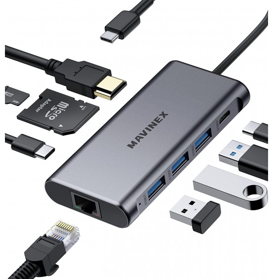 USB C Hub 9 in 1, MAVINEX USB C Adapter 4K to HDMI, 100W Power Delivery, 5Gbps USB-C Data Port, 3 USB 3.0 Ports, MicroSD/TF, 1Gbps Ethernet Docking Station for MacBook, Dell XPS, More Type C Devices USB C Hub 9 in 1, MAVINEX USB C Adapter 4K to HDMI, 100W Power Delivery, 5Gbps USB-C Data Port, 3 USB 3.0 Ports, MicroSD/TF, 1Gbps Ethernet Docking Station for MacBook, Dell XPS, More Type C Devices